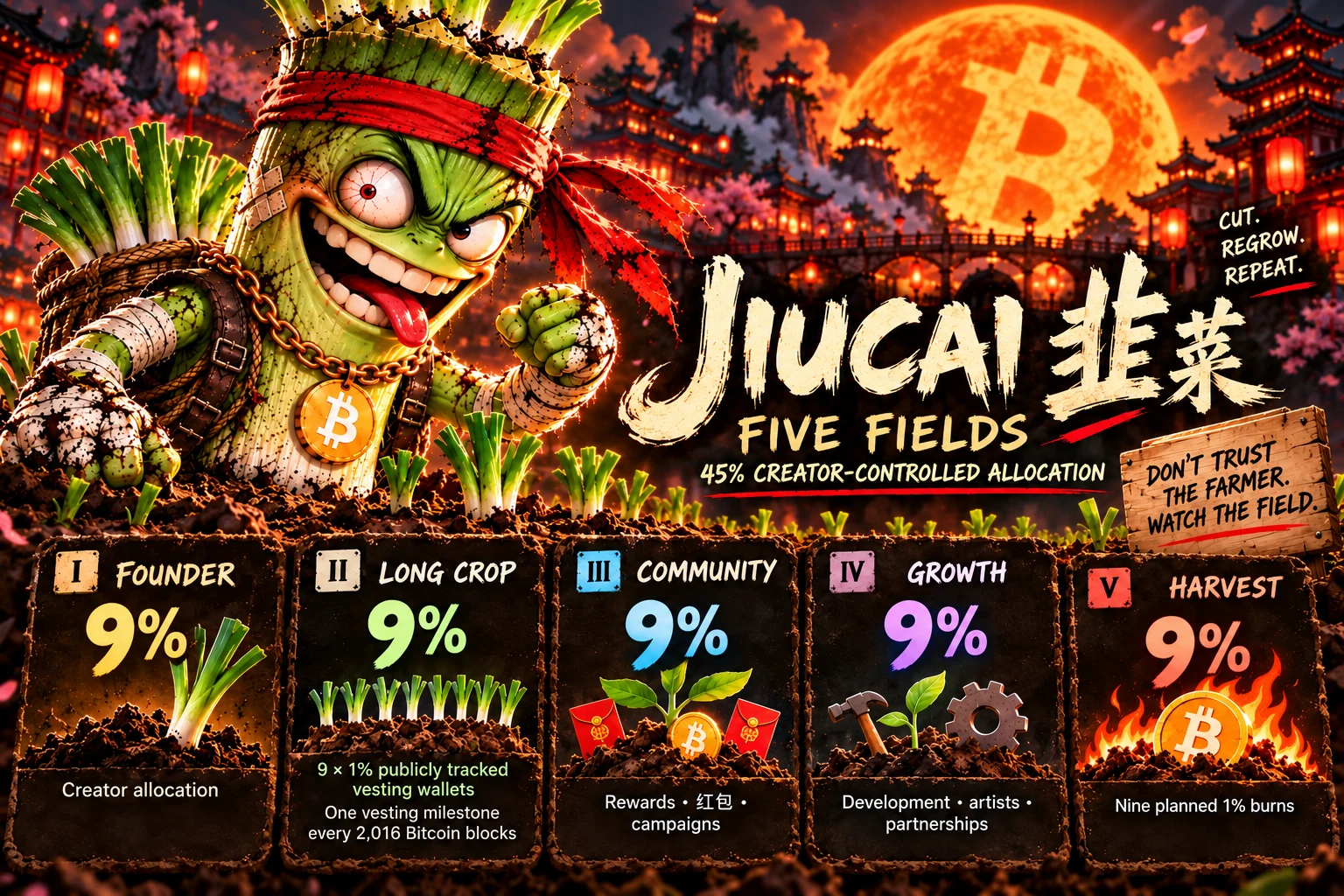The Five Fields: five 9% JIUCAI allocation fields for Founder, Long Crop, Community, Growth, and Harvest